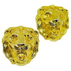 Vintage gold tone lions head designer pierced earrings
