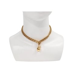 Vintage Gold Tone Long Chain Apple Pendant Necklace, Circa 1980s