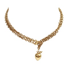 Vintage Gold Tone Long Chain Apple Pendant Necklace, Circa 1980s