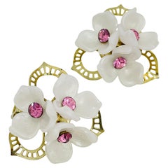 Vintage gold tone lucite pink rhinestones flower designer clip on earrings