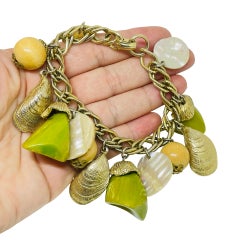 Vintage gold tone lucite wood charms designer chain bracelet