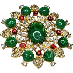 Broche vintage en verre et cristal de style malachite dorée avec fleurs rouges