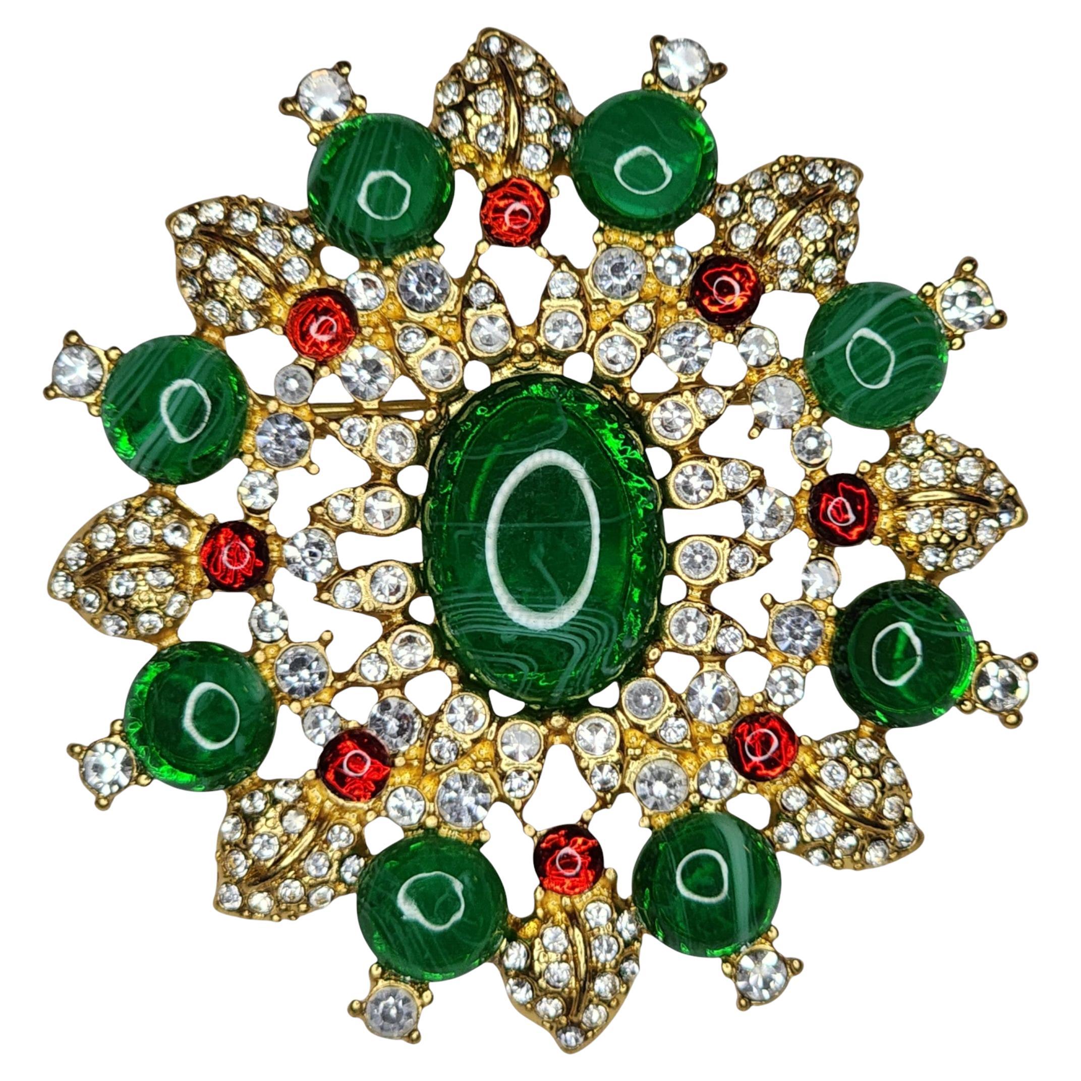 Vintage Gold Tone Malachite-Style Glass and Crystal Floral Brooch with Red
