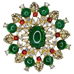 Vintage Gold Tone Malachite-Style Glass and Crystal Floral Brooch with Red