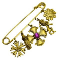 Vintage gold tone Maltese cross lion charms designer brooch