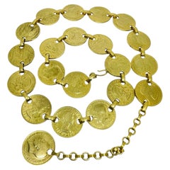 Vintage gold tone massive coins long designer necklace belt