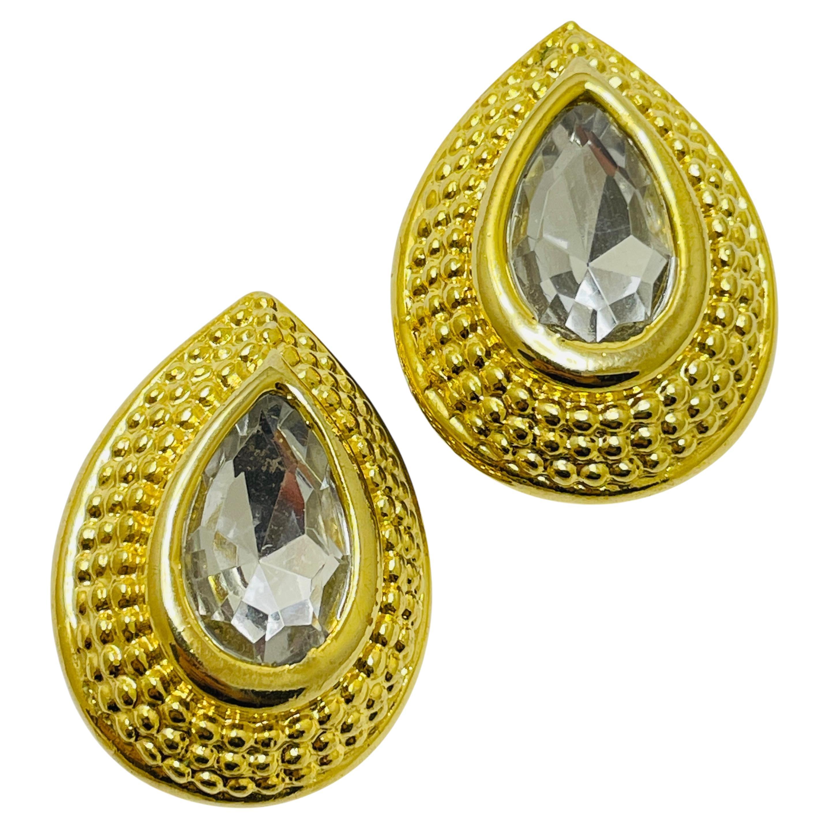 Vintage gold tone massive glass designer runway clip on earrings