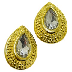 Vintage gold tone massive glass designer runway clip on earrings