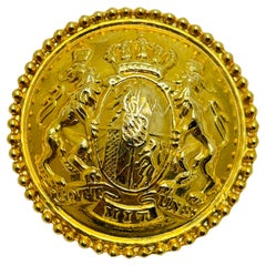 Vintage gold tone massive lions crown shield designer brooch