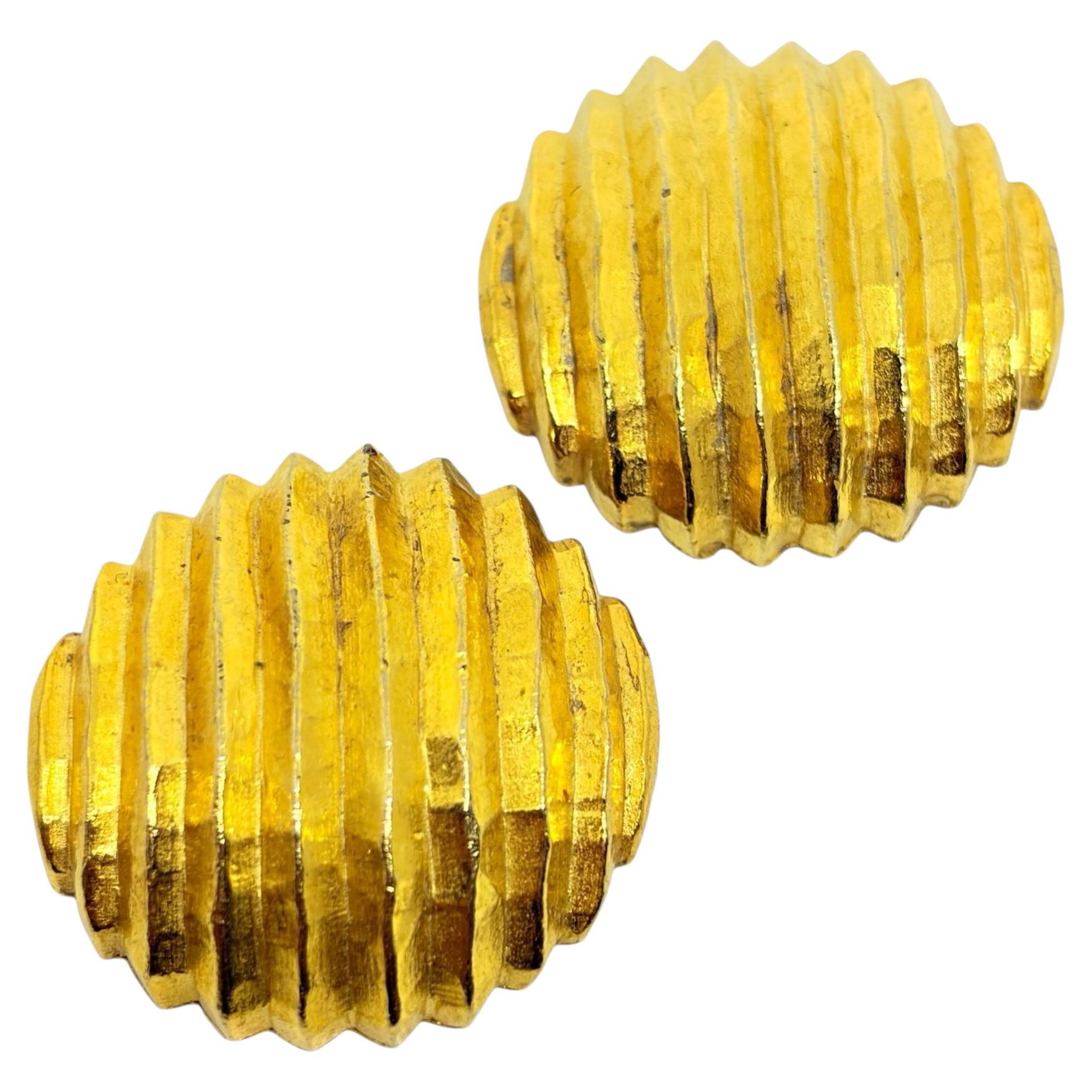 Vintage gold tone massive matte textured designer clip on earrings
