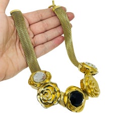 Vintage gold tone massive roses glass cabs mesh chain designer toggle necklace