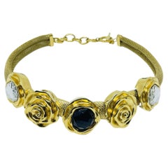 Vintage gold tone massive roses glass cabs mesh chain designer toggle necklace