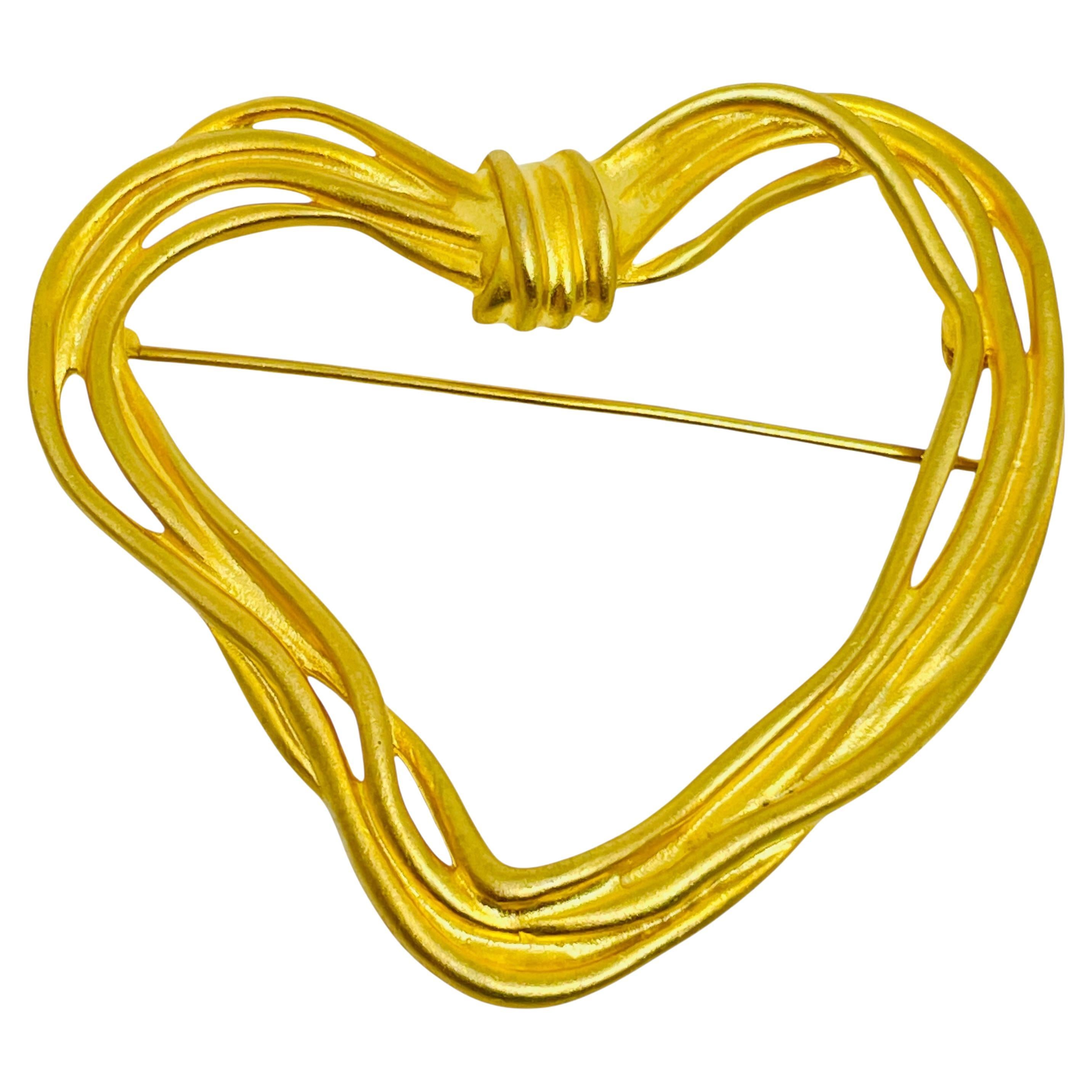 Vintage gold tone matte large heart designer brooch