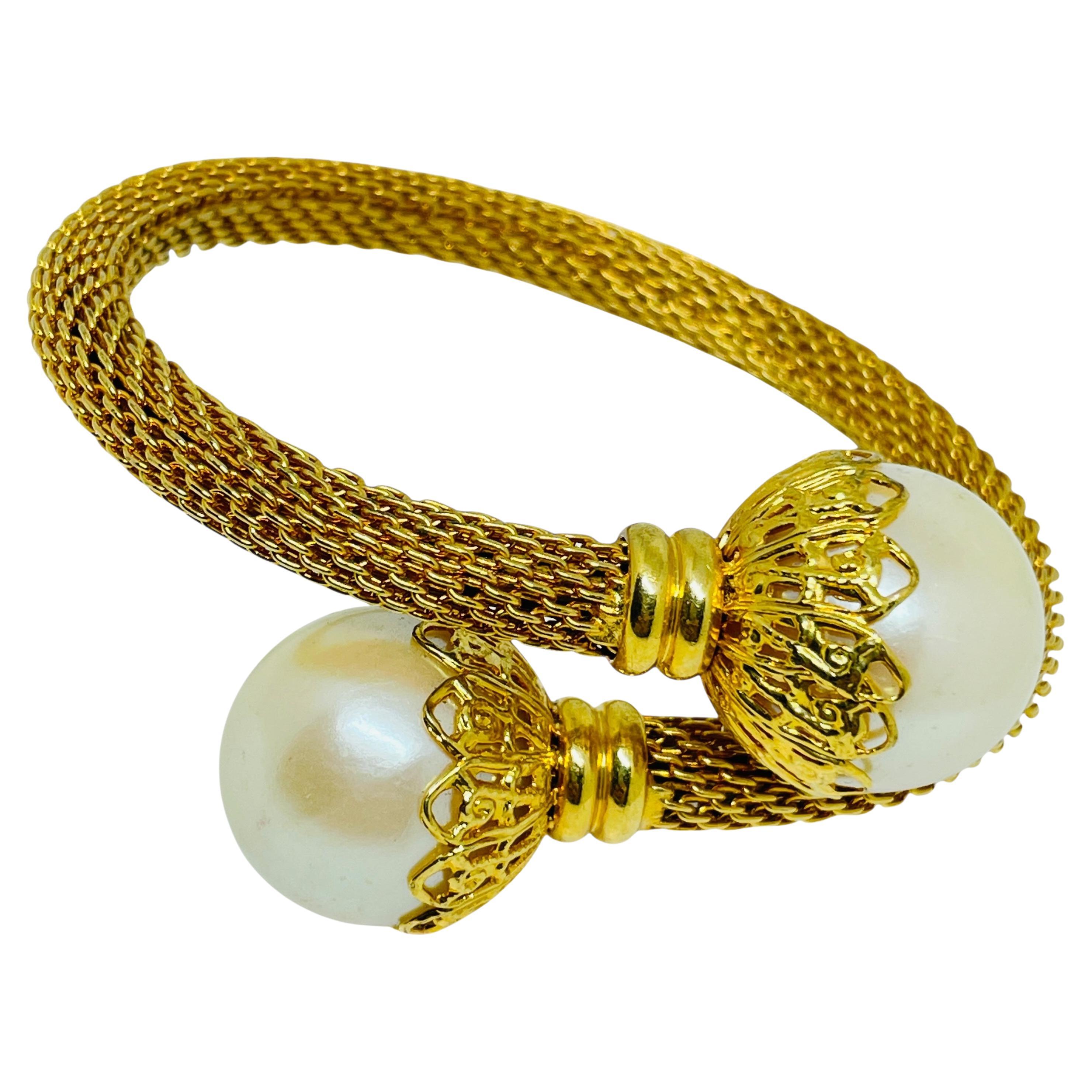 Vintage Gold Ton Mesh Kette faux Perle wickeln Designer-Armband im Angebot