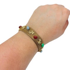 Vintage gold tone mesh glass turquoise jade carnelian fleur de lis cuff bracelet