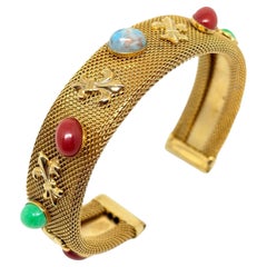 Vintage gold tone mesh glass turquoise jade carnelian fleur de lis cuff bracelet