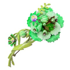 Vintage gold tone metal glass beads enamel flower designer brooch