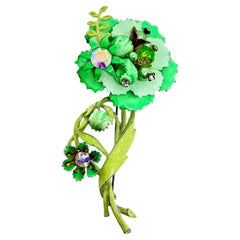 Spilla vintage in metallo dorato con perline di vetro e smalto a forma di fiore