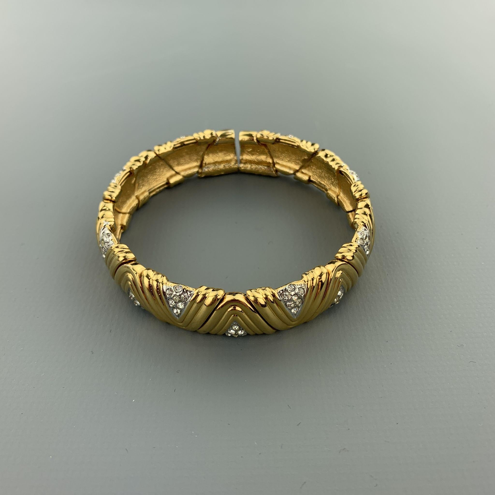 Vintage Gold Tone Metal Rhinestones Textured Open Cuff Bracelet In Excellent Condition In San Francisco, CA