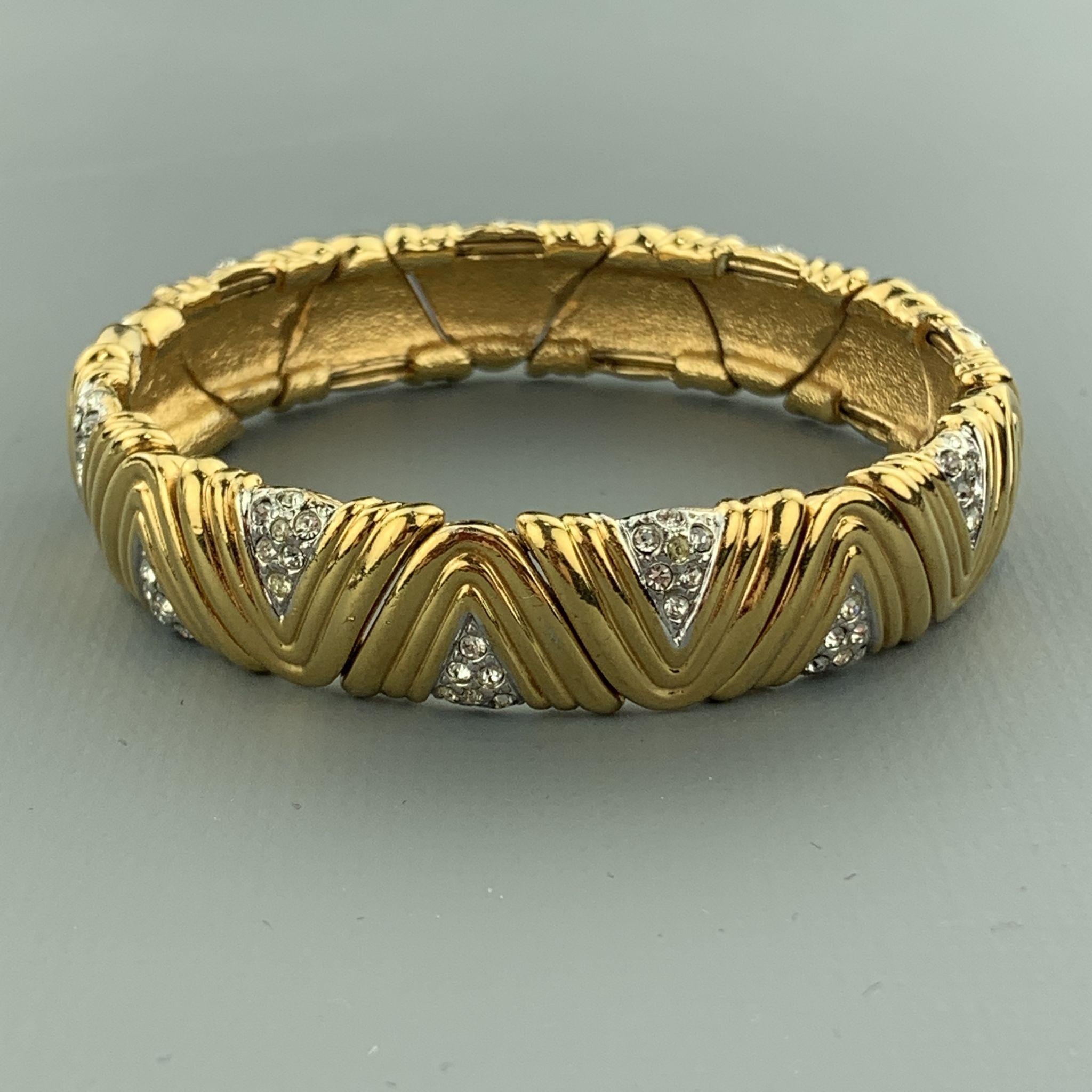 Women's Vintage Gold Tone Metal Rhinestones Textured Open Cuff Bracelet