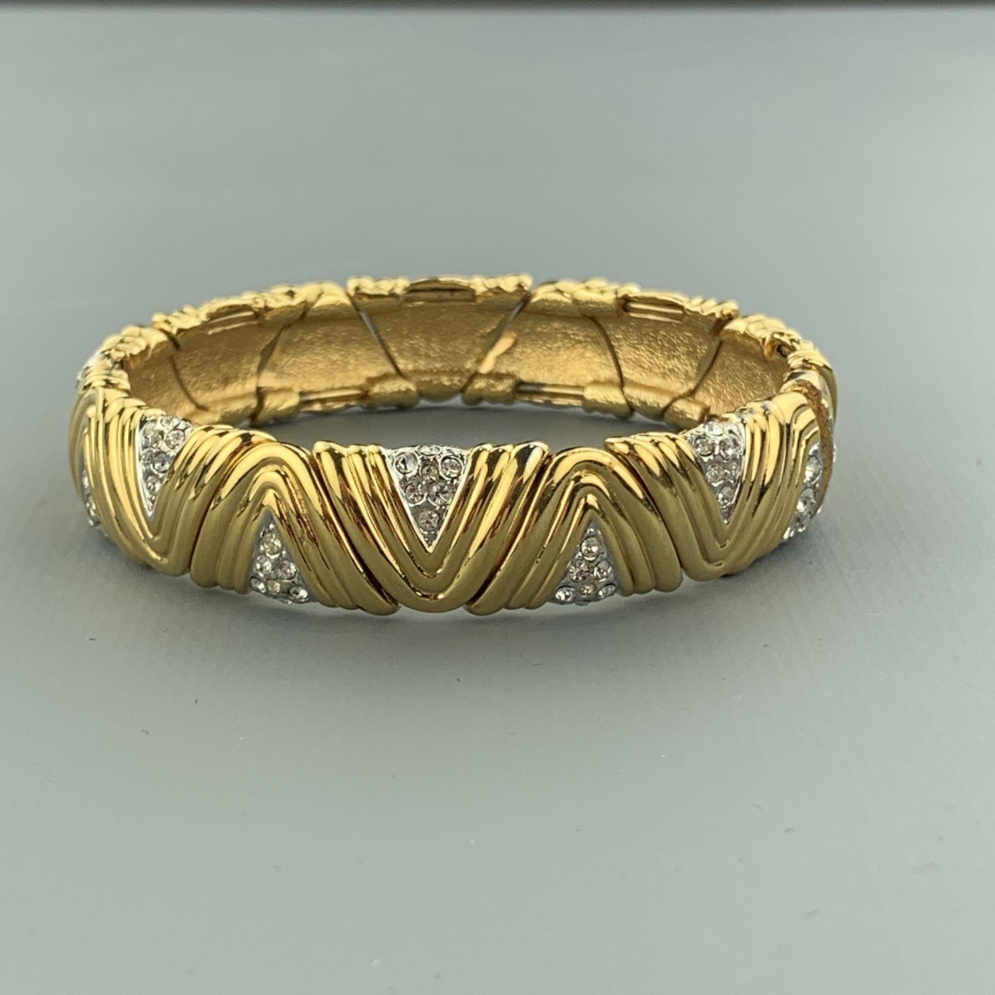 Vintage Gold Tone Metal Rhinestones Textured Open Cuff Bracelet 2