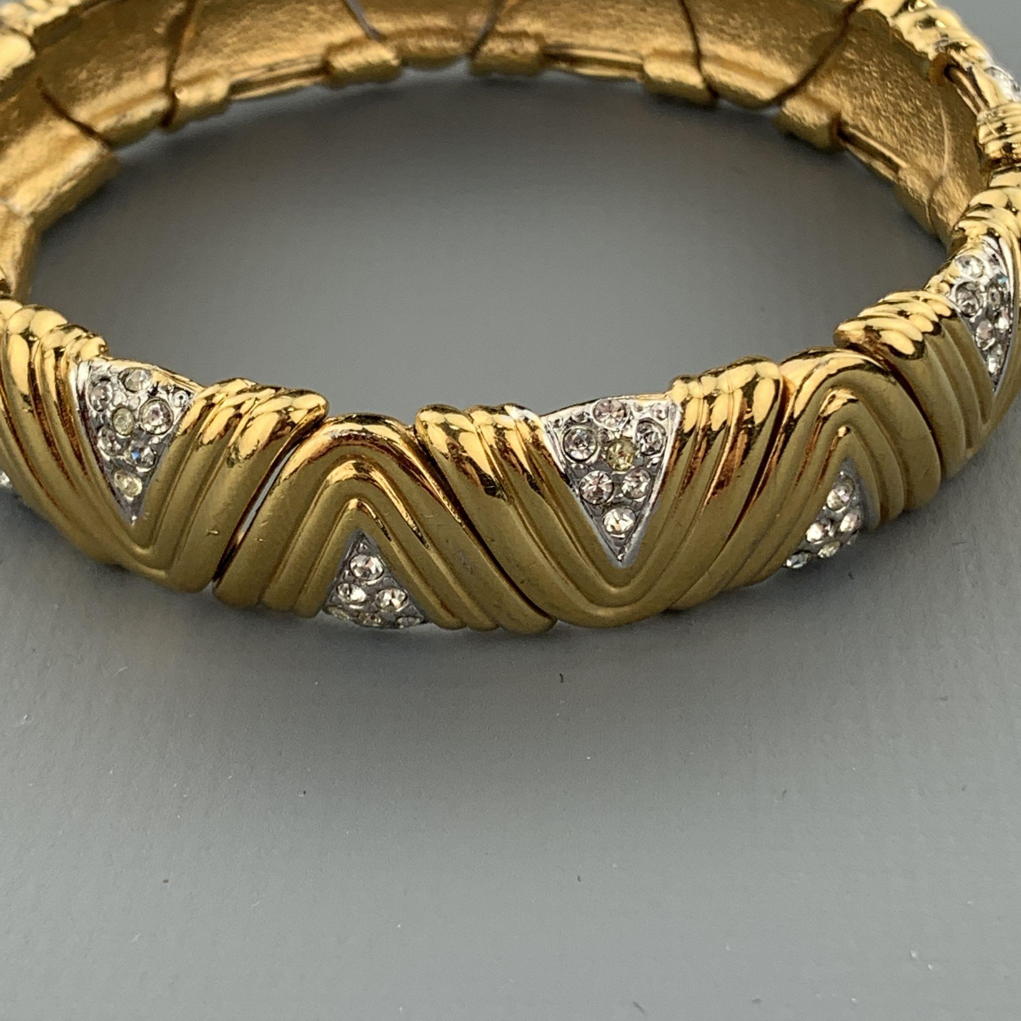 Vintage Gold Tone Metal Rhinestones Textured Open Cuff Bracelet 3