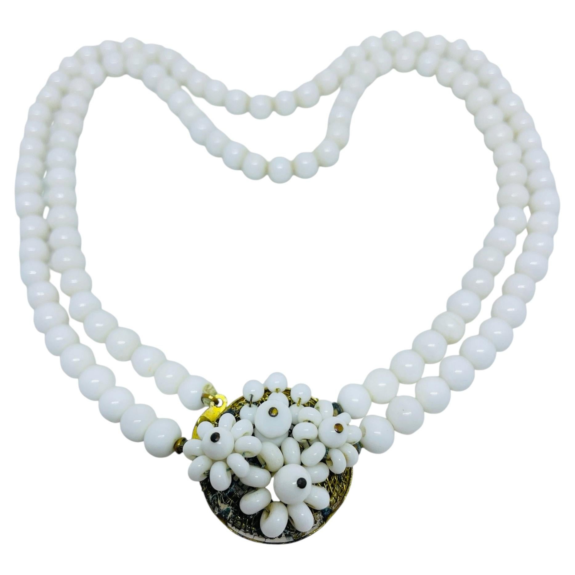Vintage gold tone milk glass beaded designer 1960's necklace