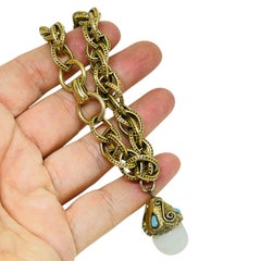 Vintage gold tone milk glass faux turquoise charm chain designer bracelet