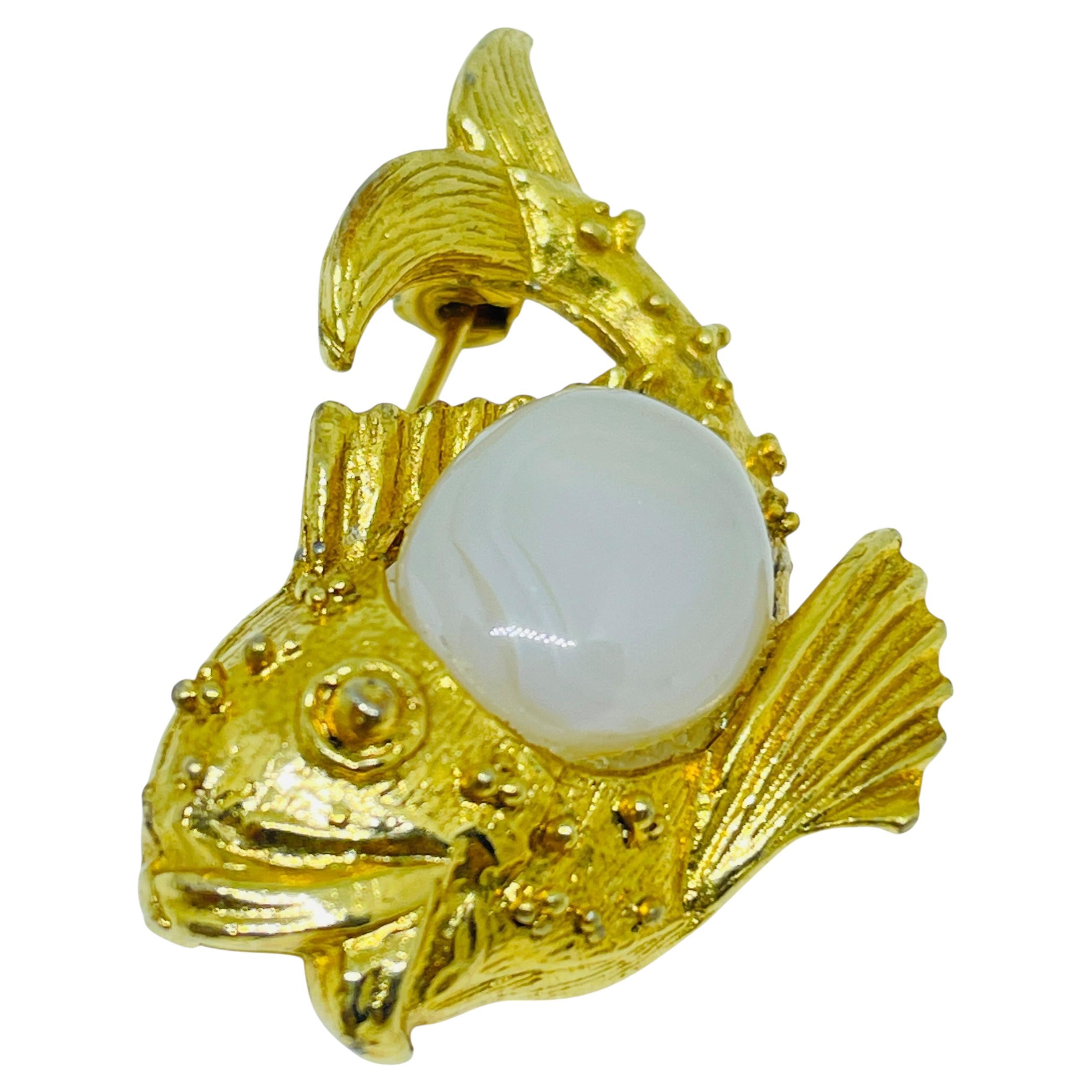 Vintage gold tone milk glass fish figural designer brooch