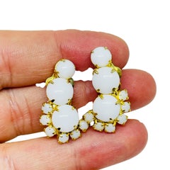Vintage gold tone milk glass rhinestones designer clip on earrings