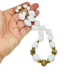 Vintage gold tone milk glass twisted beaded designer necklace