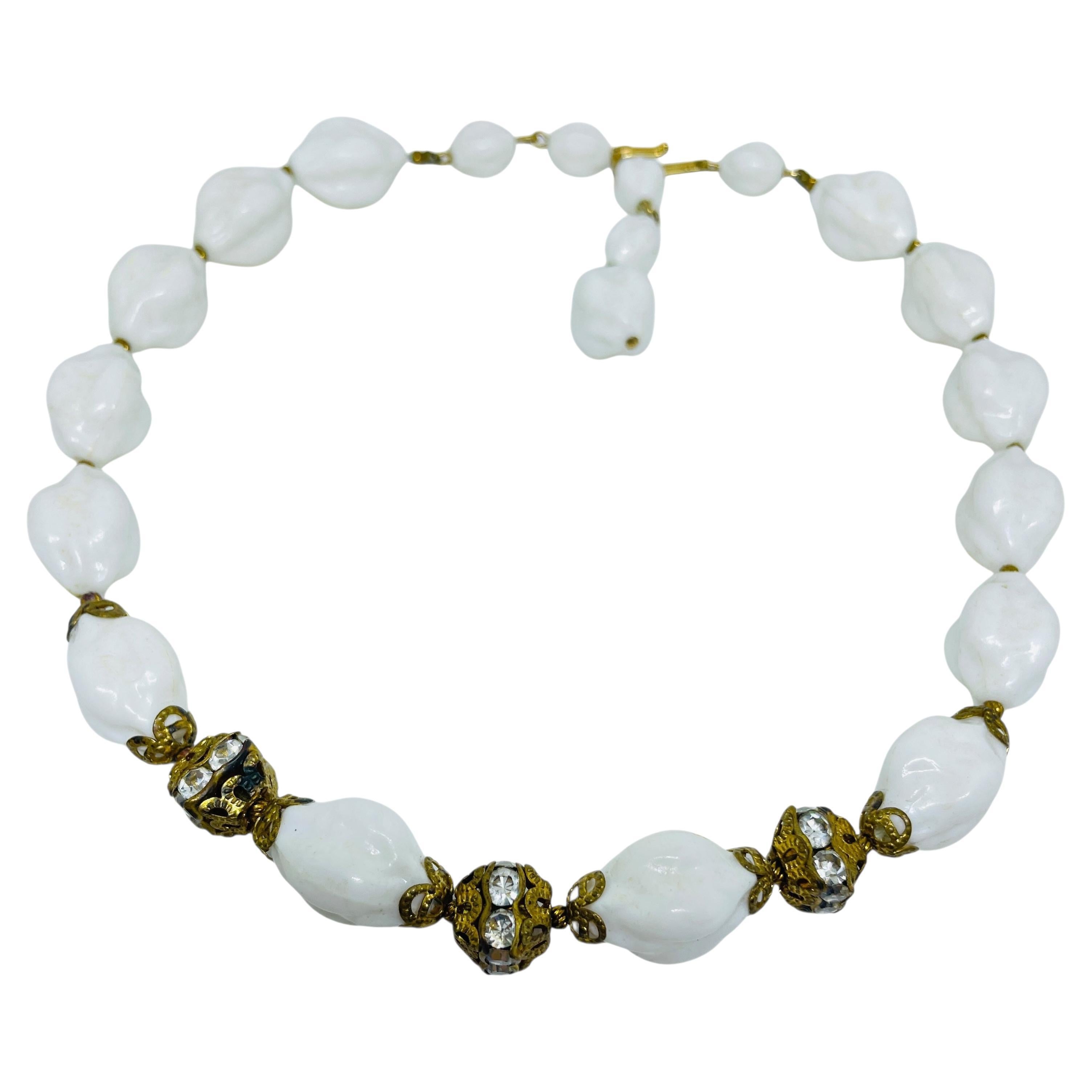 Vintage gold tone milk glass twisted beaded designer necklace