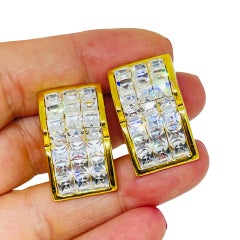 Vintage gold tone modern square rhinestones massive designer clip earrings