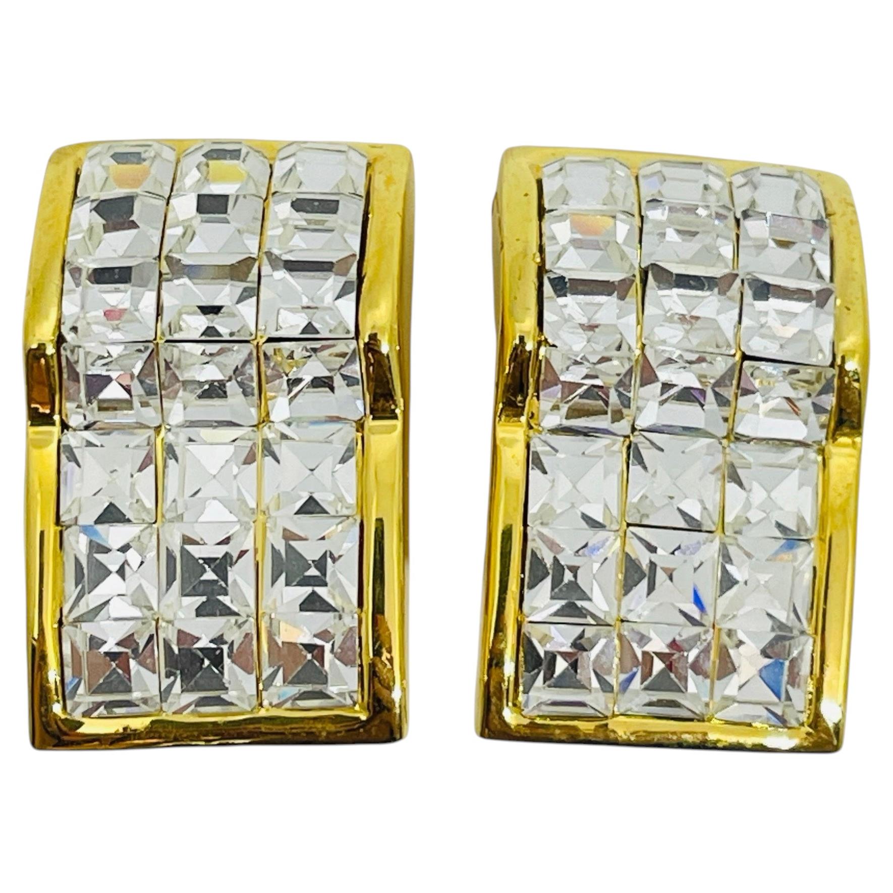 Vintage gold tone modern square rhinestones massive designer clip earrings