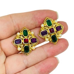 Vintage gold tone moghul jewel glass pears Maltese cross designer clip earrings