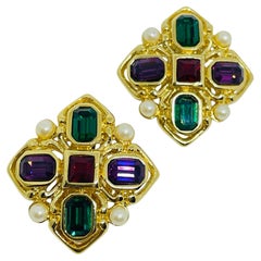 Vintage gold tone moghul jewel glass pears Maltese cross designer clip earrings