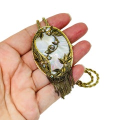 Vintage gold tone mother of pearl glass pendant dangle chains necklace brooch