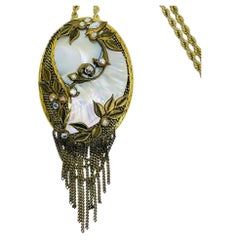 Vintage gold tone mother of pearl glass pendant dangle chains necklace brooch
