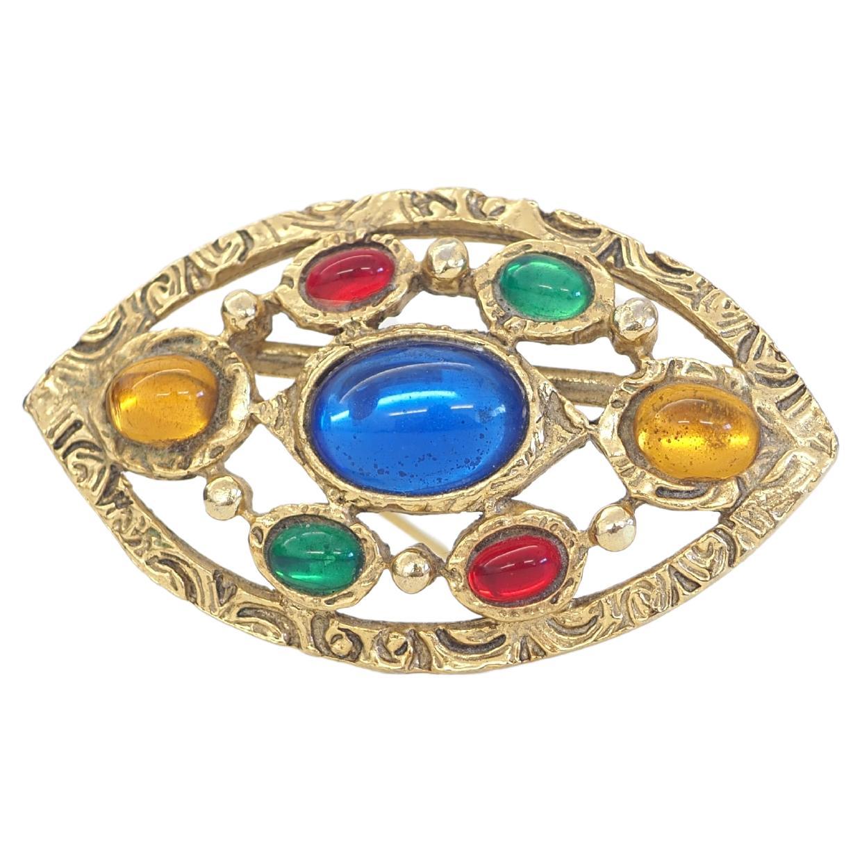 Vintage gold tone multicoloured stones brooch For Sale