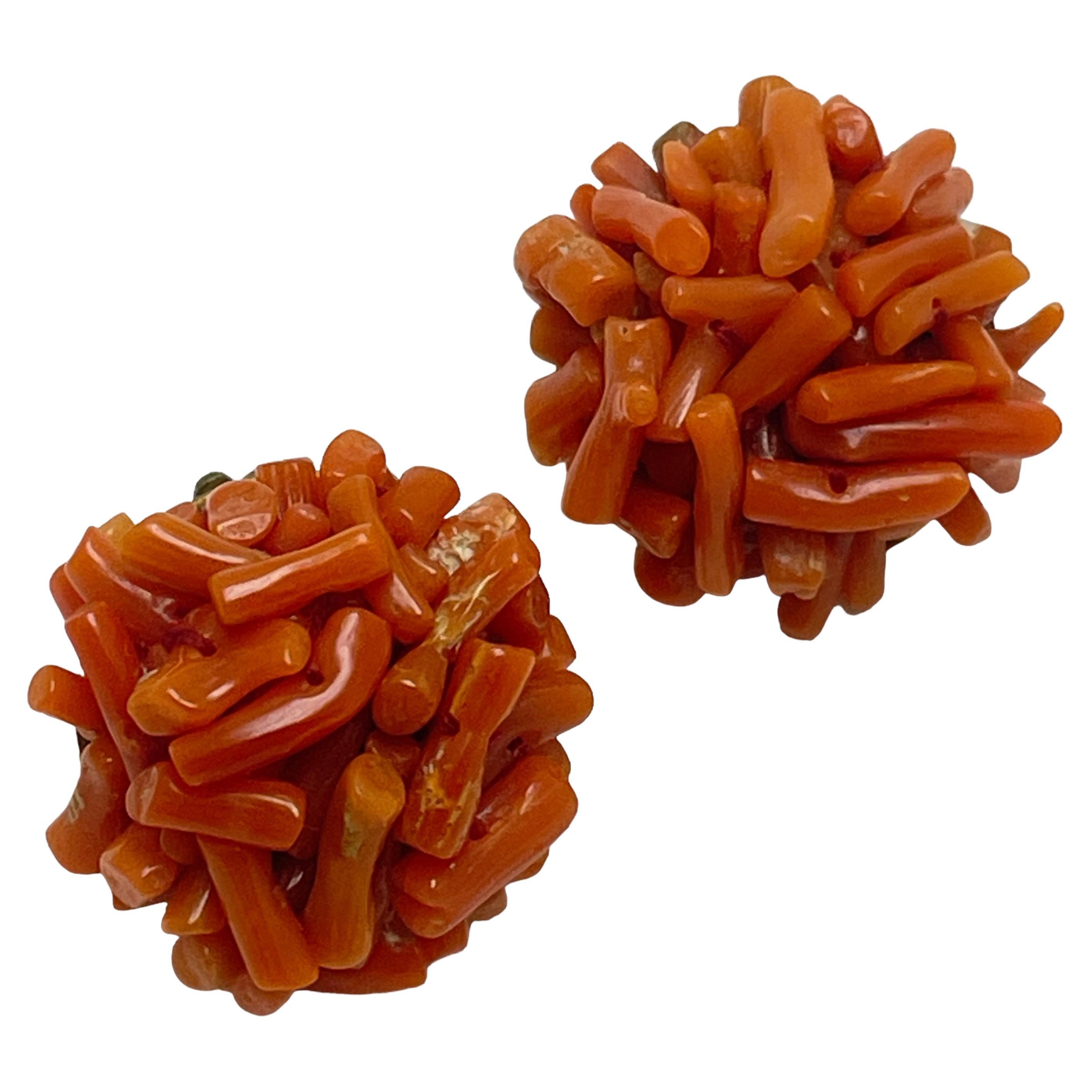 Vintage gold tone natural coral designer clip on earrings