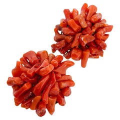 Vintage gold tone natural salmon red coral cluster clip on earrings