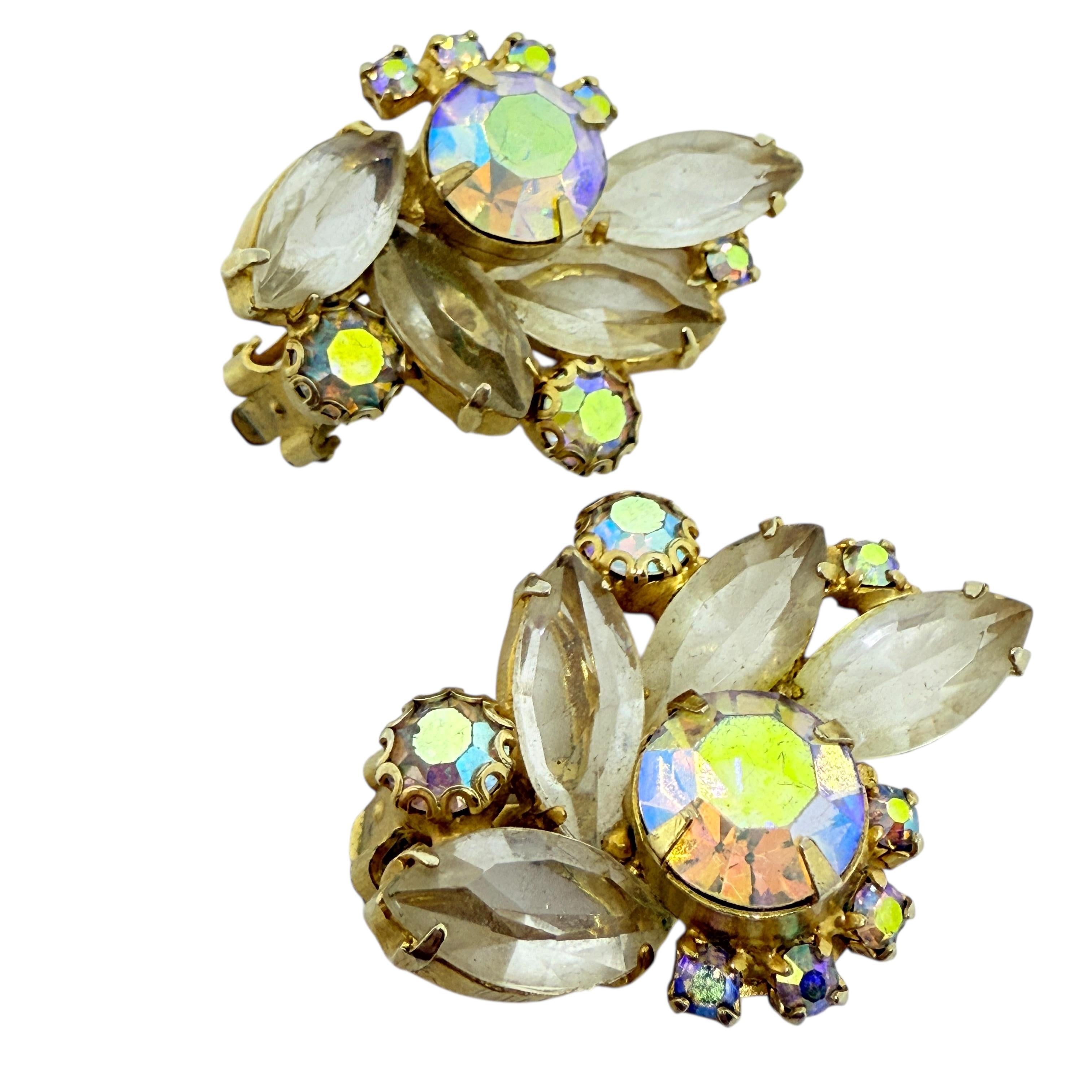 Vintage gold tone navette glass designer clip on earrings For Sale 1