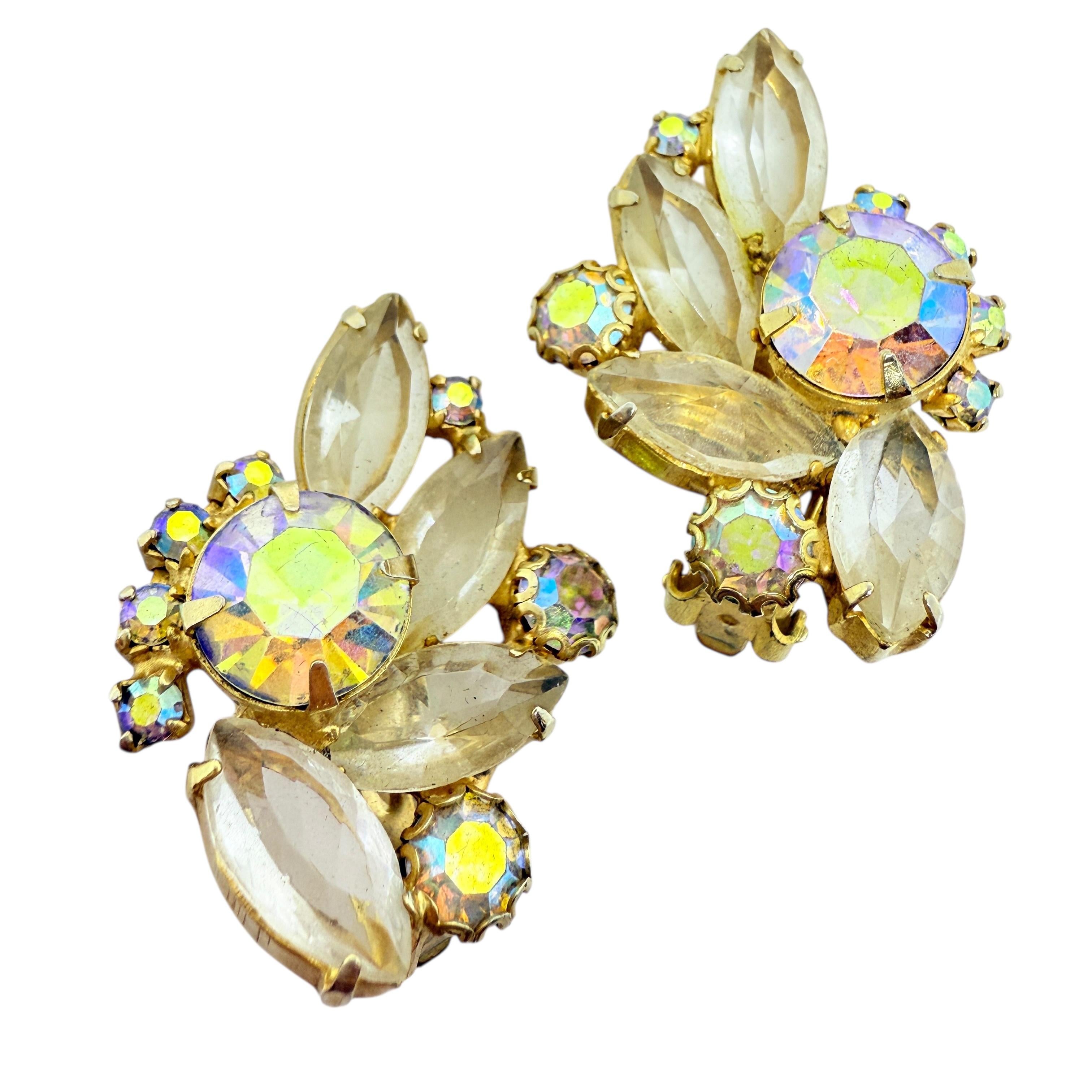 Vintage gold tone navette glass designer clip on earrings For Sale 2