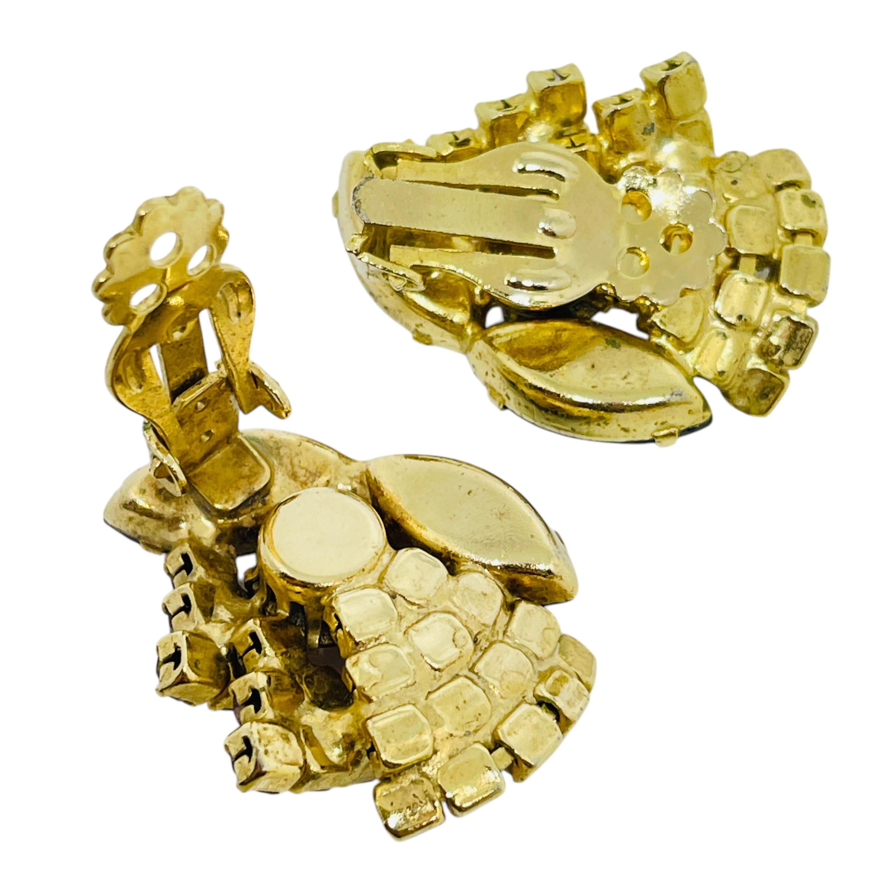 Vintage Gold Ton Navette Glassteine Designer Clip auf Ohrringe im Zustand „Gut“ im Angebot in Palos Hills, IL