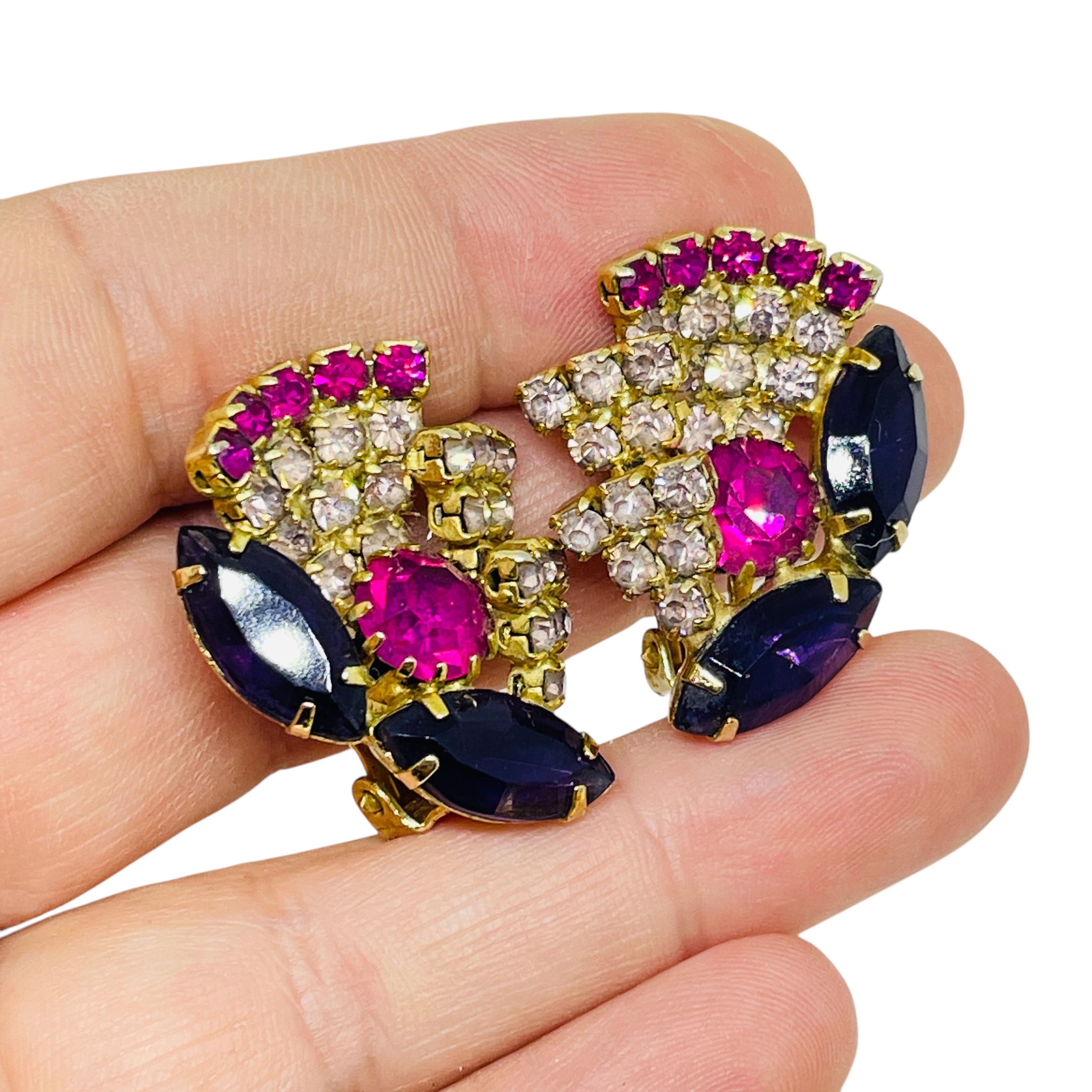 Vintage Gold Ton Navette Glassteine Designer Clip auf Ohrringe Damen im Angebot