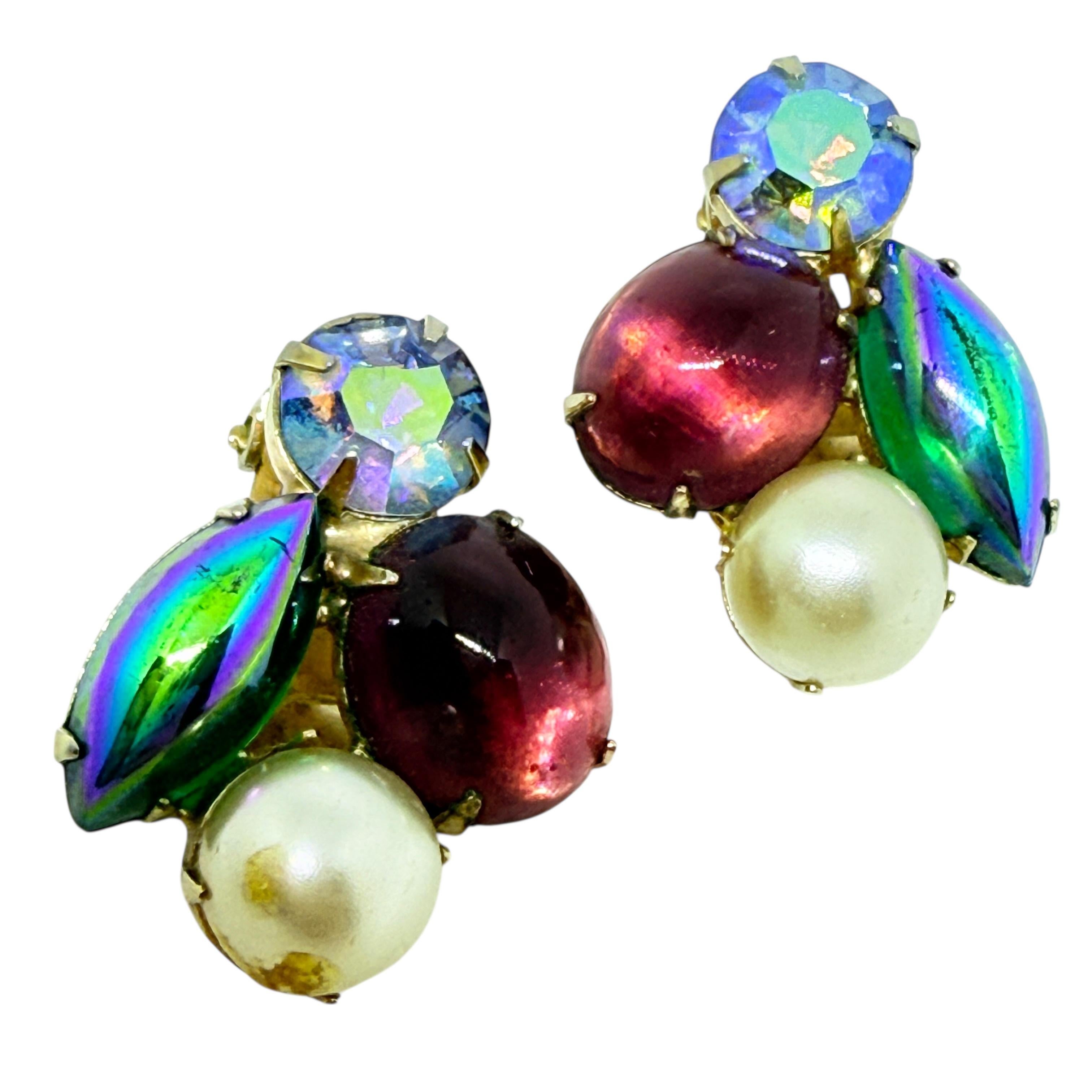 Women's or Men's Vintage gold tone navette glass stones pearl designer clip on earrings For Sale
