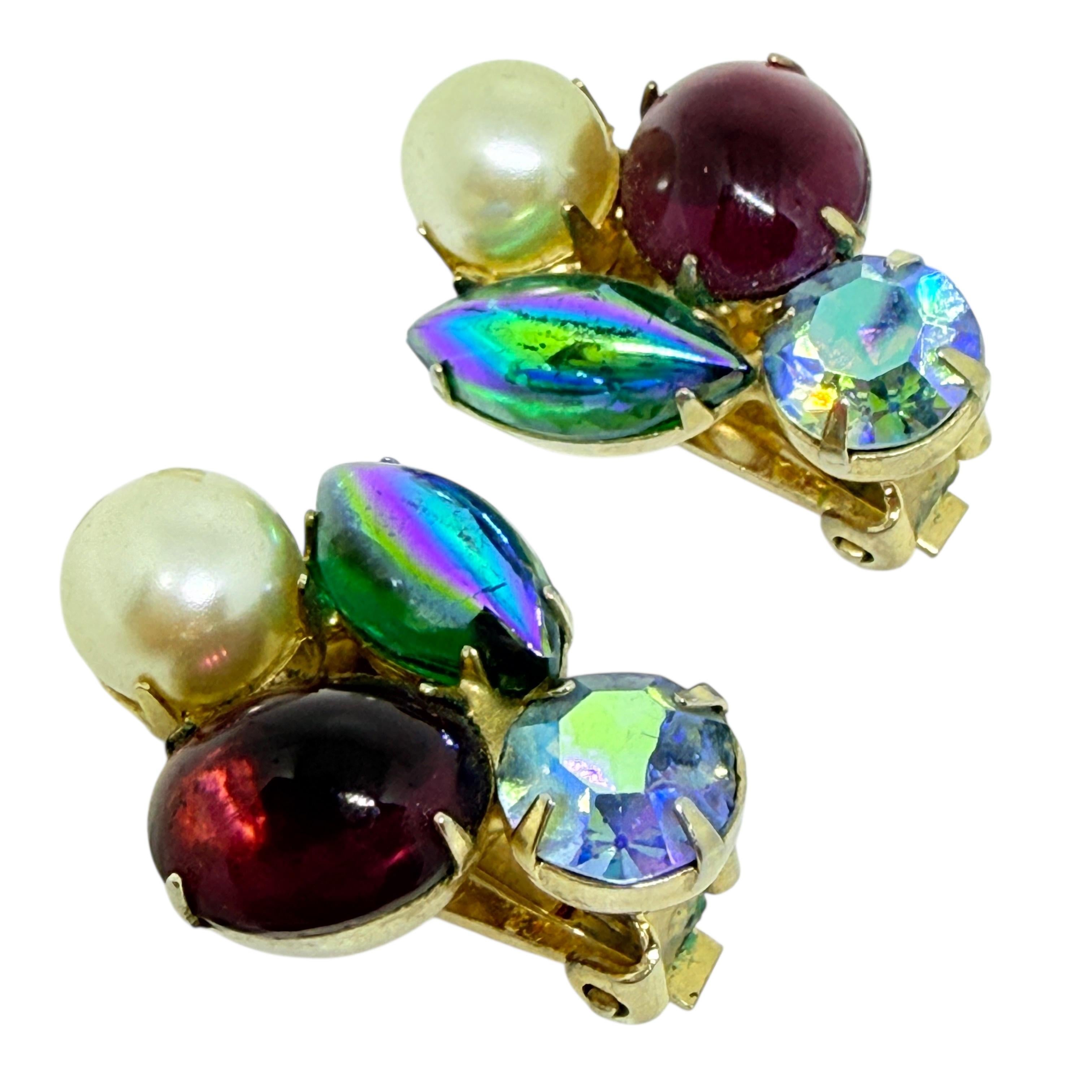 Vintage gold tone navette glass stones pearl designer clip on earrings For Sale 1