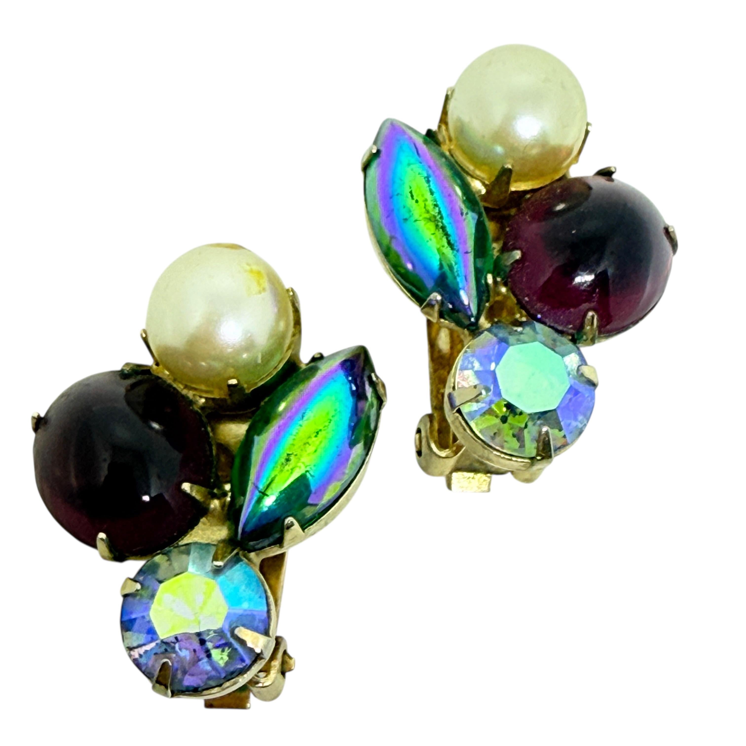 Vintage gold tone navette glass stones pearl designer clip on earrings For Sale 2