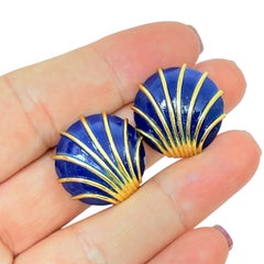 Vintage gold tone navy enamel seashell designer clip on earrings