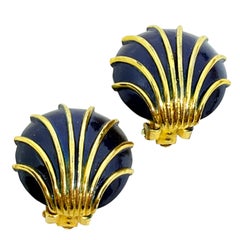 Vintage gold tone navy enamel seashell designer clip on earrings